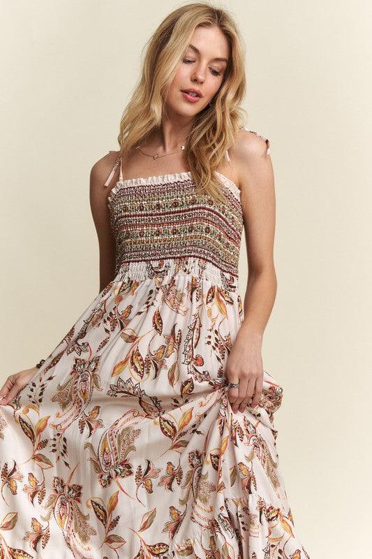 Ivory S ADORA Smocked Printed Square Neck Tie Shoulder Cami Dress | Daverri Fashions