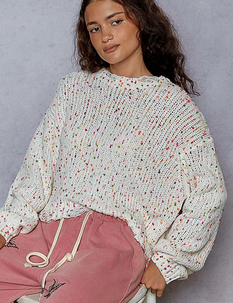 POL Round Neck Fringed Hem Sweater | Sweaters Daverri Fashions