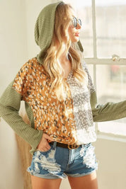 BiBi Popcorn Waffle Knit Hoodie with Print Block Front | Hoodies Daverri Fashions