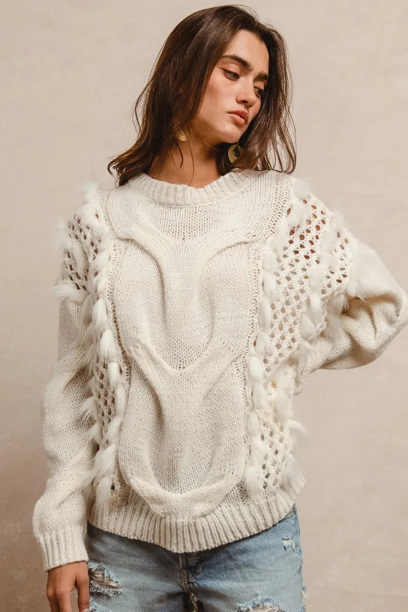 IVORY BiBi Faux Fur Detailed Pointelle Cable Knit Sweater | Sweaters Daverri Fashions