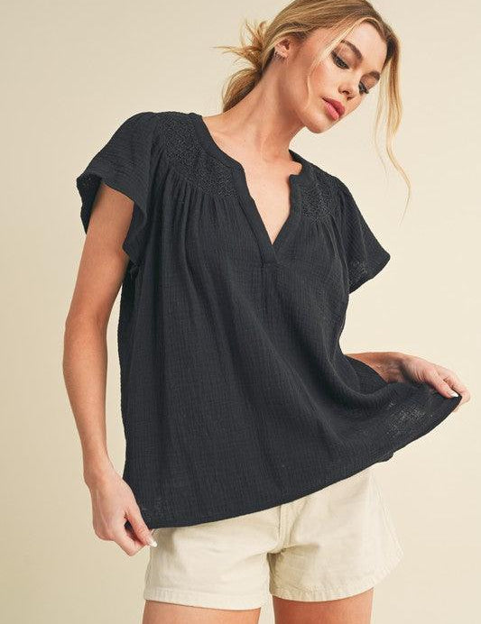 Aemi + Co Embroidered Trim Side Slit Notched Short Sleeve Blouse | Blouses Daverri Fashions