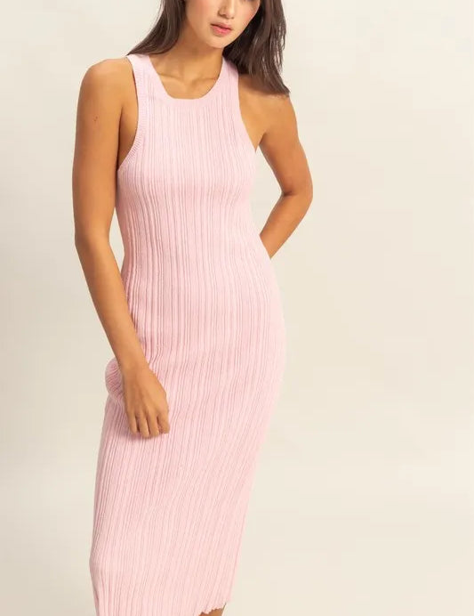 SOFT PINK HYFVE Pink Round Neck Bodycon Ribbed Knit Dress | Tank Dresses Daverri Fashions