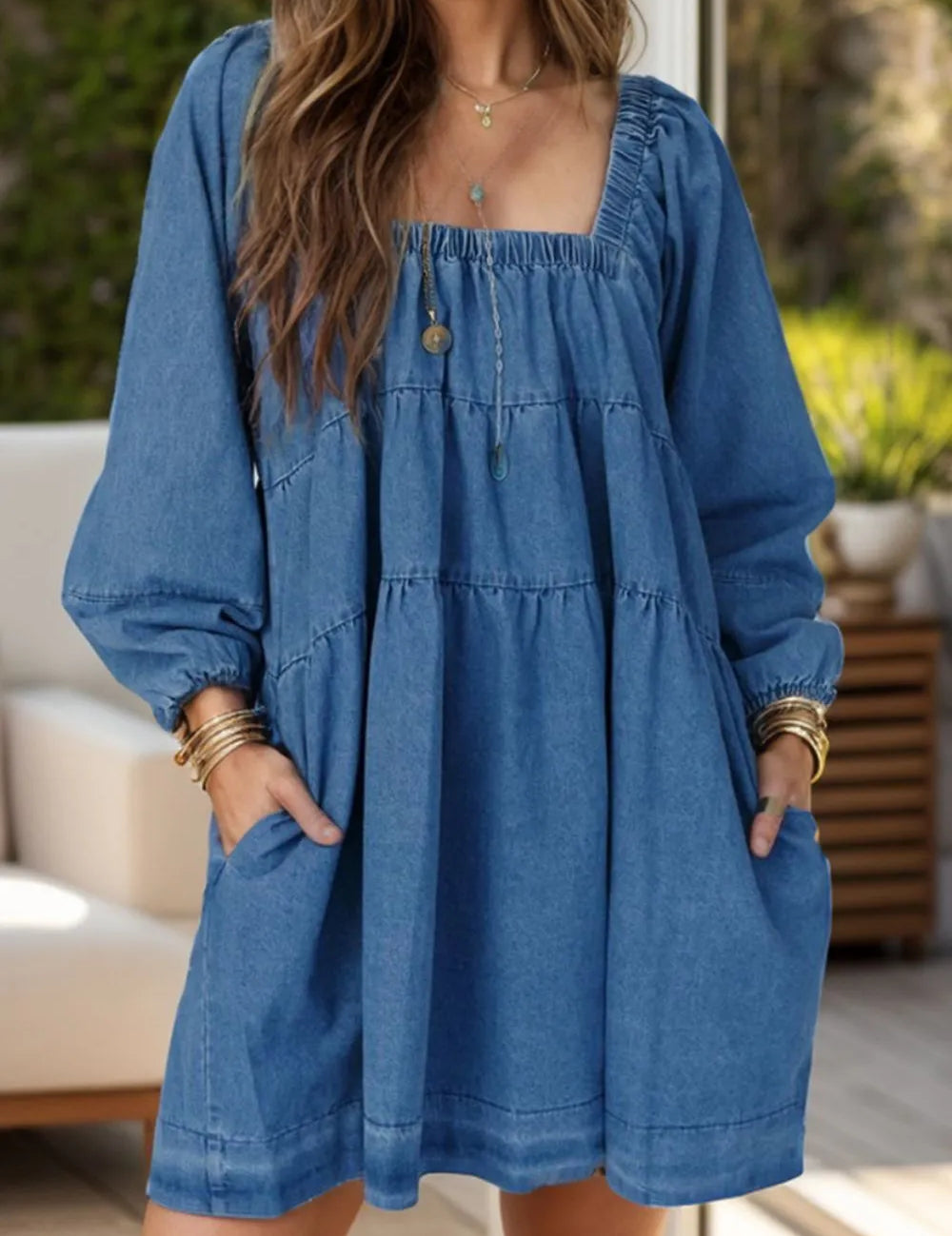 Medium Tied Square Neck Long Sleeve Denim Dress with Pockets | Daverri Fashions