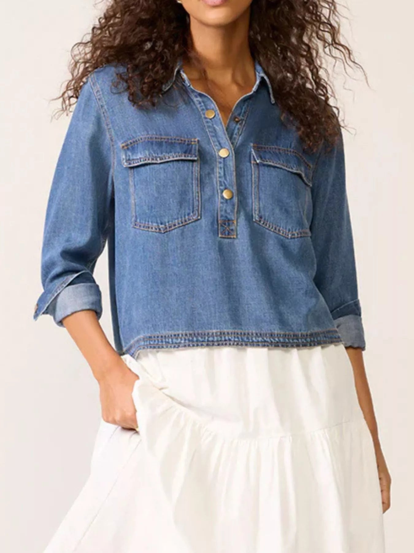 Half Snap Cropped Denim Top | Tops Daverri Fashions