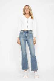 Judy Blue Full Size Tummy Control Back Embroidered Pocketed Bootcut Jeans Plus Size | Daverri Fashions