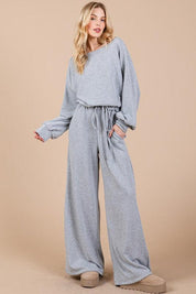 Gray Ces Femme Boat Neck Long Sleeve Drawstring Jumpsuit | Jumpsuits Daverri Fashions