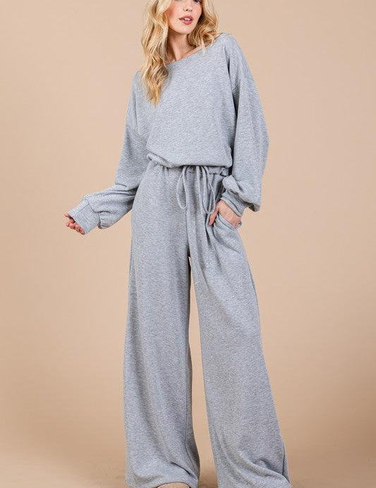 Gray Ces Femme Boat Neck Long Sleeve Drawstring Jumpsuit | Jumpsuits Daverri Fashions