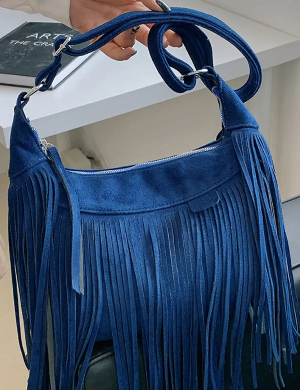 Navy One Size Suede Fringe Adjustable Strap Shoulder Bag | Handbags Daverri Fashions