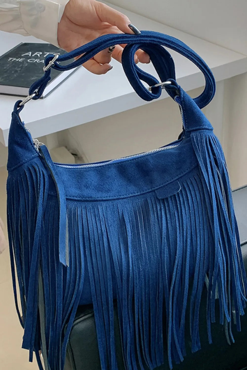 Navy One Size Suede Fringe Adjustable Strap Shoulder Bag | Handbags Daverri Fashions