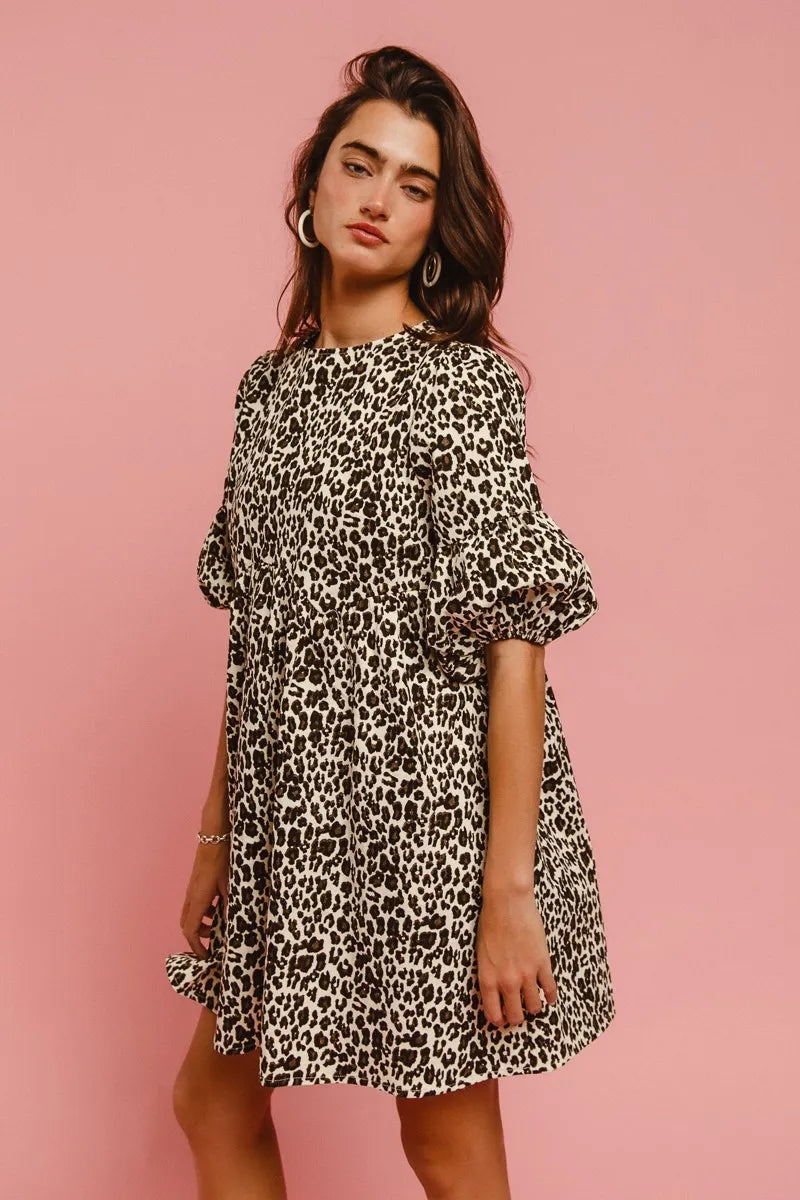 BiBi Leopard Denim Dress With Back Contrast Tie Detail | Daverri Fashions