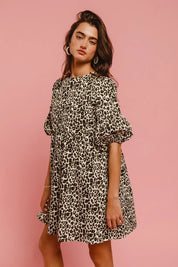BiBi Leopard Denim Dress With Back Contrast Tie Detail | Daverri Fashions