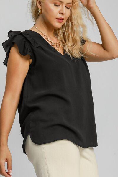 Umgee Full Size V-Neck Double Layered Ruffle Sleeve Blouse | Blouses Daverri Fashions