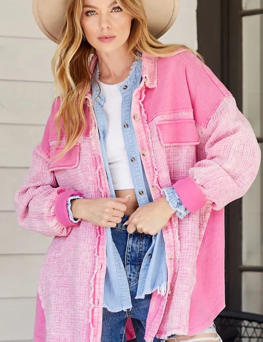 PINK S M Lime 'N' Chili Oversized Mineral Wash Cotton Gauze Shacket | Daverri Fashions
