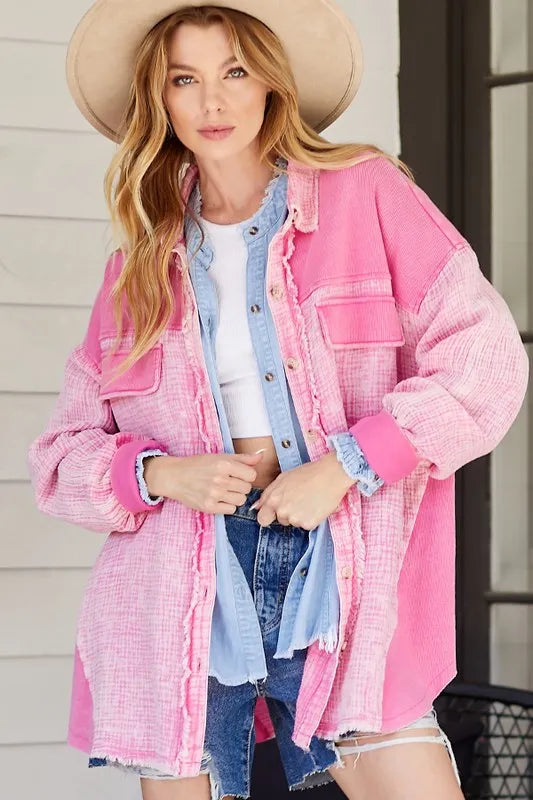 PINK S M Lime 'N' Chili Oversized Mineral Wash Cotton Gauze Shacket | Daverri Fashions