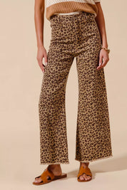 SO ME Mid Rise Leopard Twill Frayed Hem Wide Leg Pants | Daverri Fashions