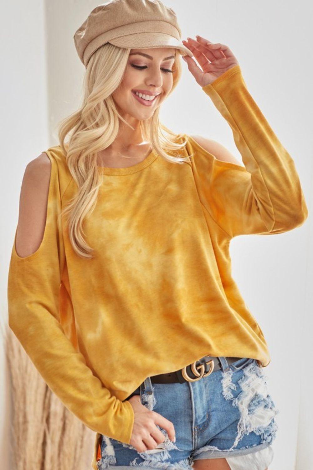 MUSTARD BiBi Tie-Dye French Terry Round Neck Cold Shoulder T-Shirt | T-Shirts Daverri Fashions