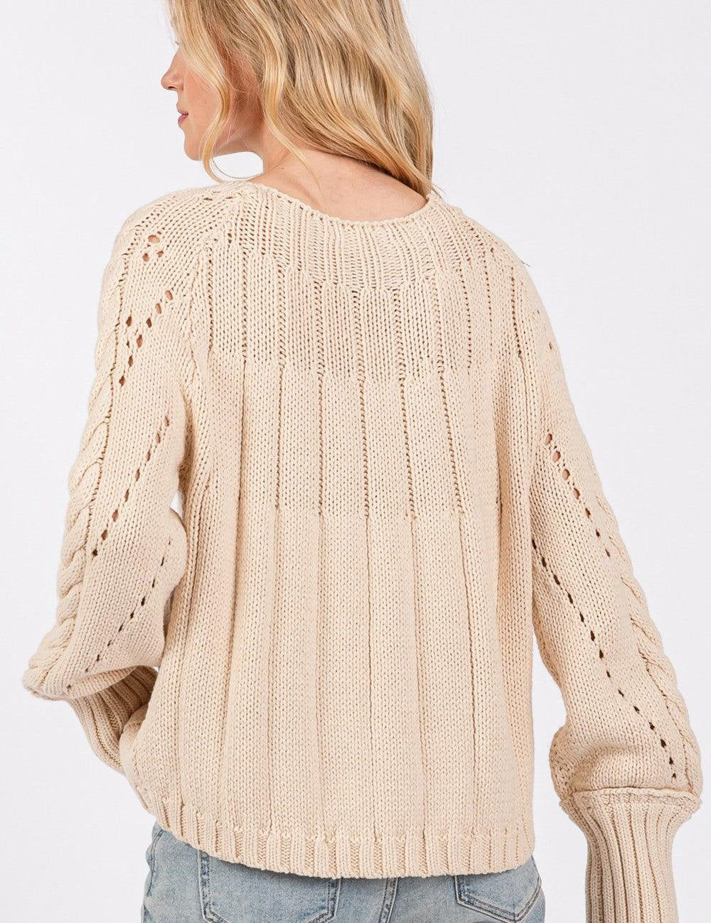 SAGE + FIG Cable-Knit Long Sleeve Sweater Natural | Sweaters Daverri Fashions