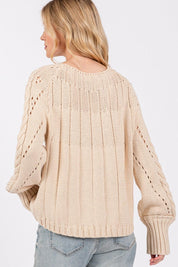 SAGE + FIG Cable-Knit Long Sleeve Sweater Natural | Sweaters Daverri Fashions