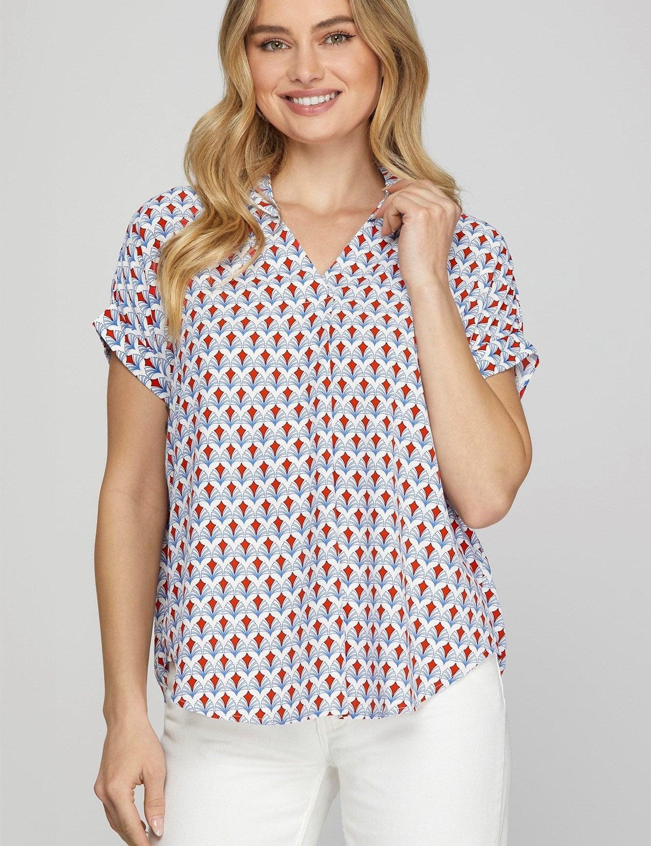 Red She + Sky Full Size Printed Johnny Collar Short Sleeve Blouse Plus Size | Blouses Daverri Fashions