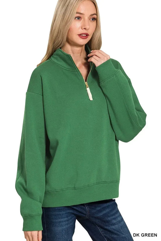 Zenana Fleece Half Zip Sweatshirt Dk Green - DAVERRI FASHIONS