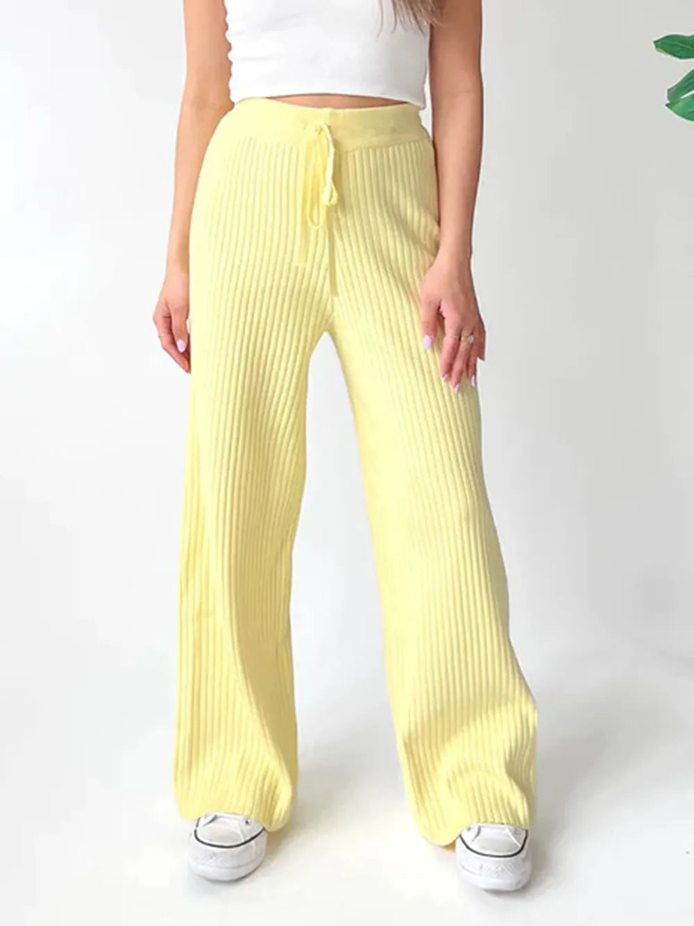 Pastel Yellow Ribbed Wide Leg Sweater Pants | Bottoms Daverri Fashions