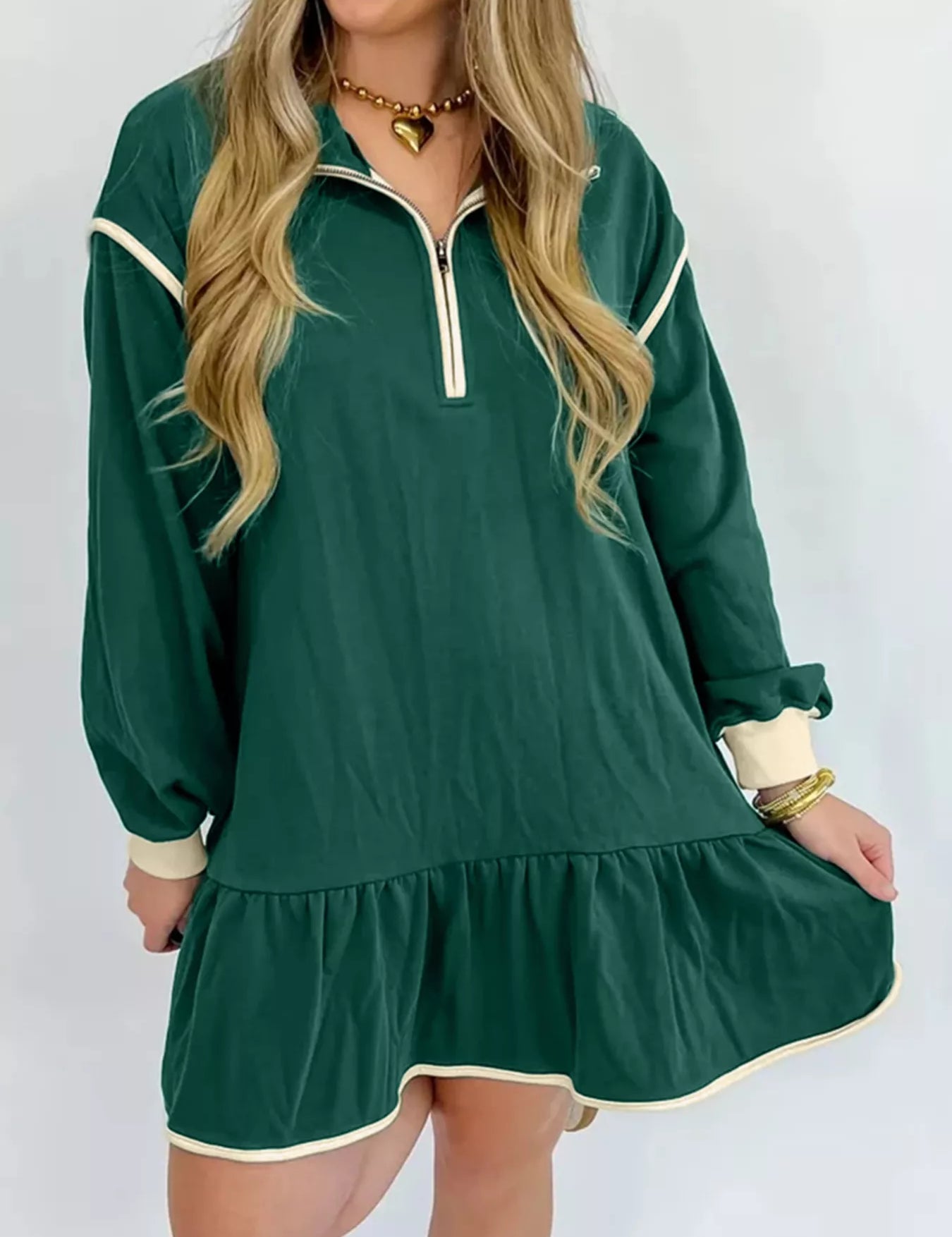 Dark Green Ruffled Hem Dropped Shoulder Mini Dress | Mini Dresses Daverri Fashions