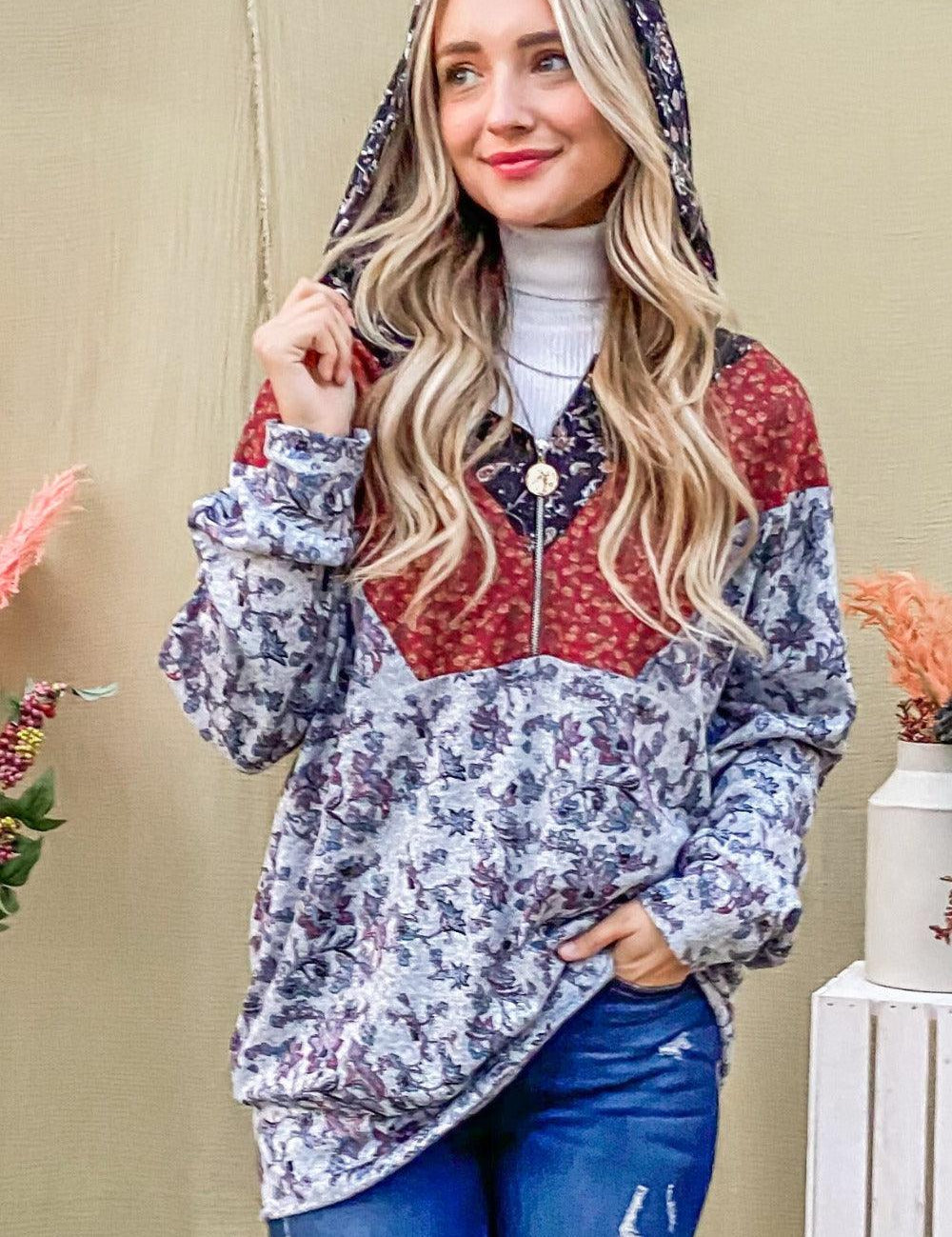 Grey And The Why Printed Half Zip Up Long Sleeve Hoodie | Daverri Fashions