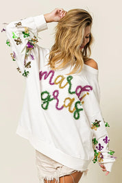BiBi Fleur De Lis Sleeve Mardi Gras Pullover | Daverri Fashions