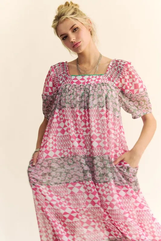 Davi & Dani Multi Floral Square Neck Puff Sleeve Maxi Dress | Maxi Dresses Daverri Fashions