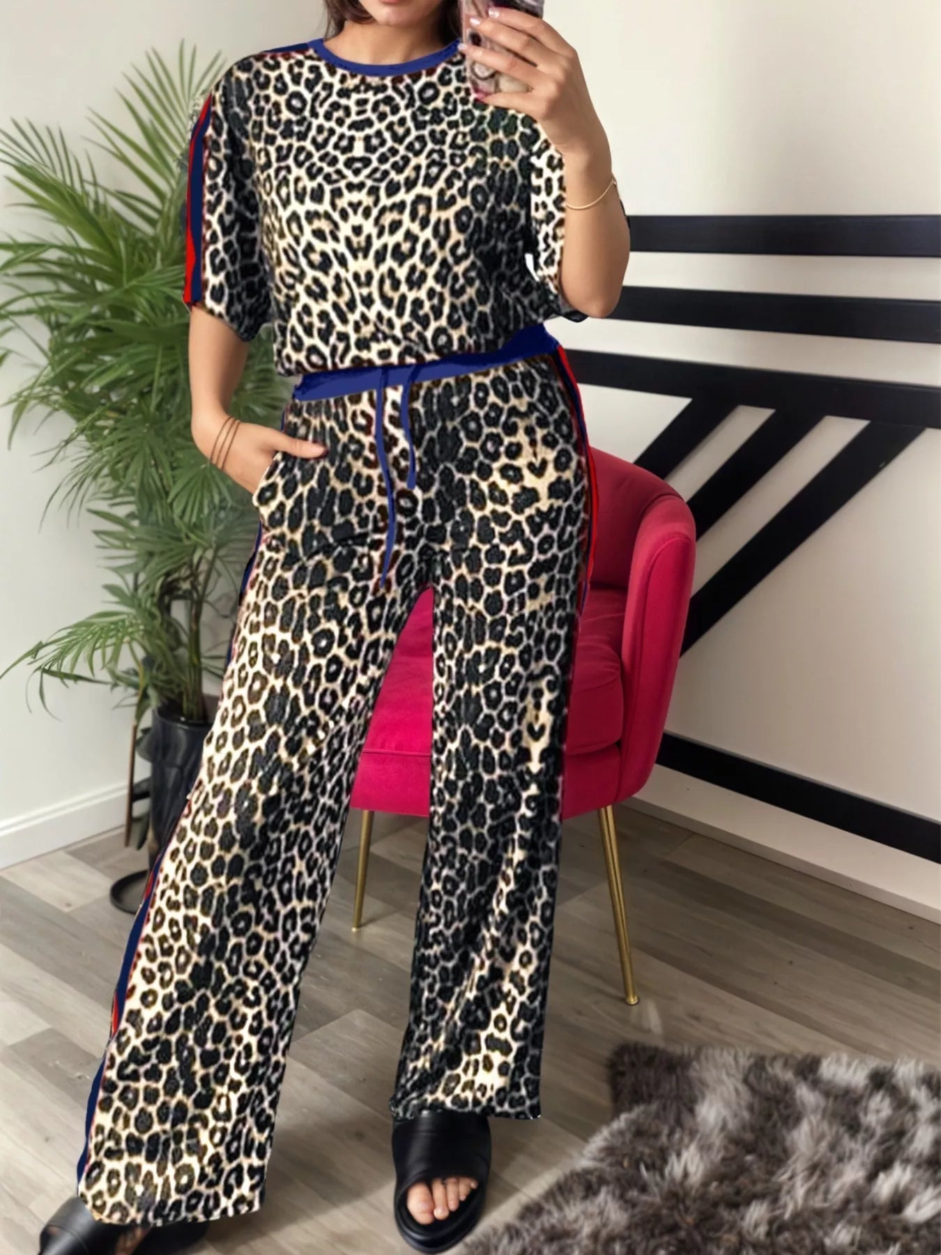Navy Leopard Round Neck Top and Pants Two-Piece Set | Loungewear Sets Daverri Fashions