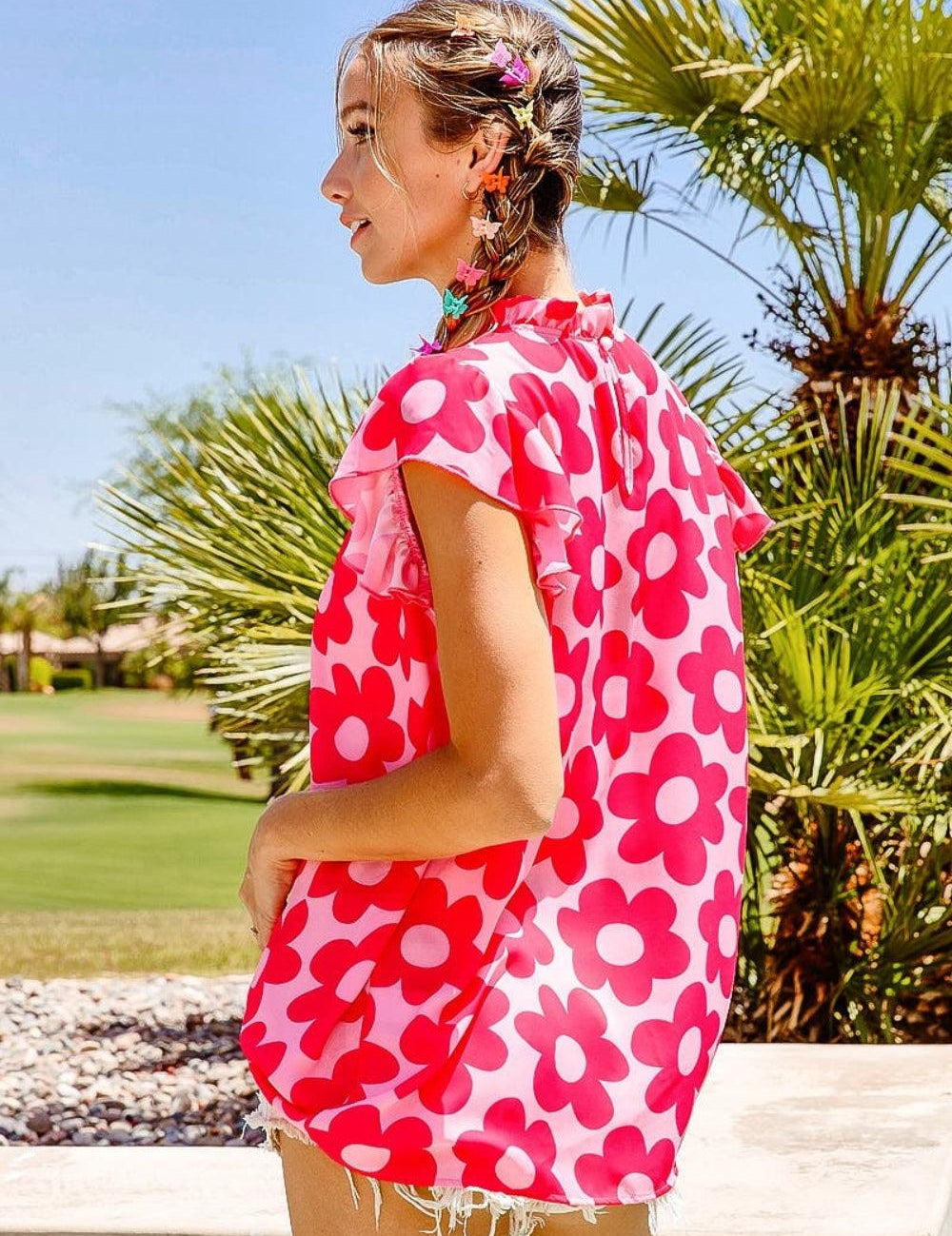 BiBi Floral Contrast Ruffled Top | Tops Daverri Fashions