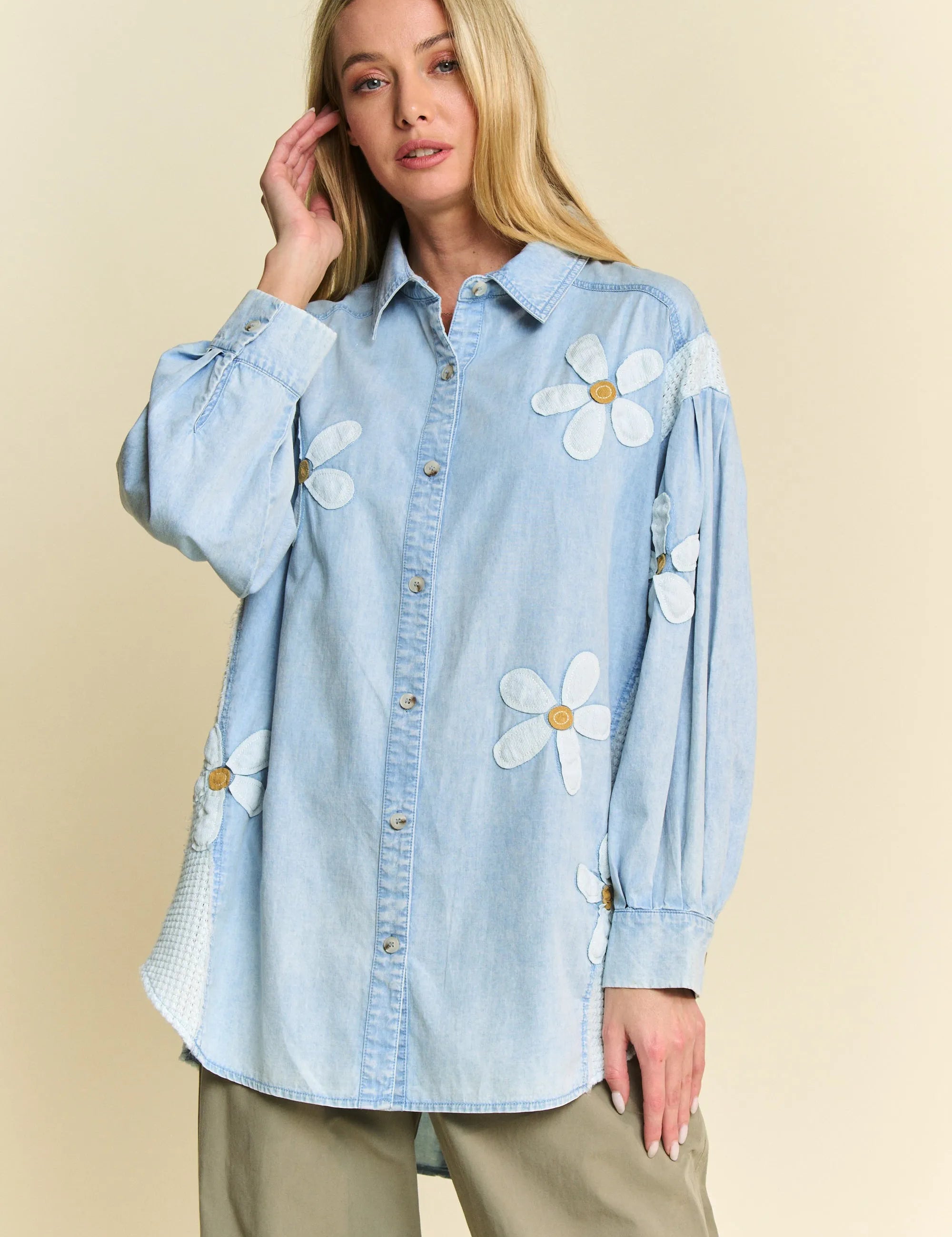 Davi & Dani Lightweight Washed Daisy Patch Waffle Knit Shirt | Shirts Daverri Fashions