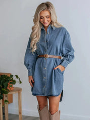 Button Up Collared Neck Long Sleeve Denim Dress | Daverri Fashions