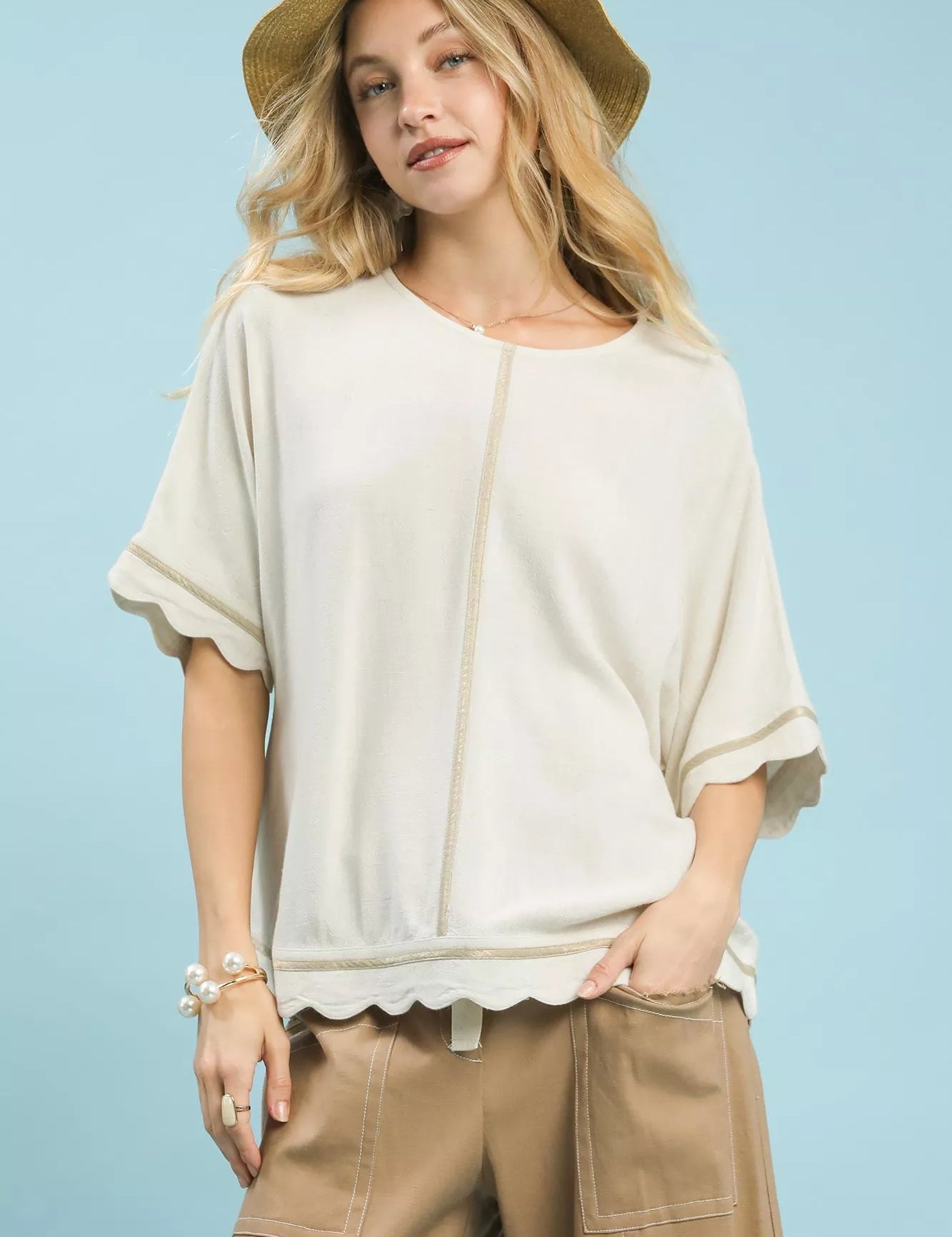 OATMEAL Umgee Linen Blend Scallop Trim Top | Tops Daverri Fashions