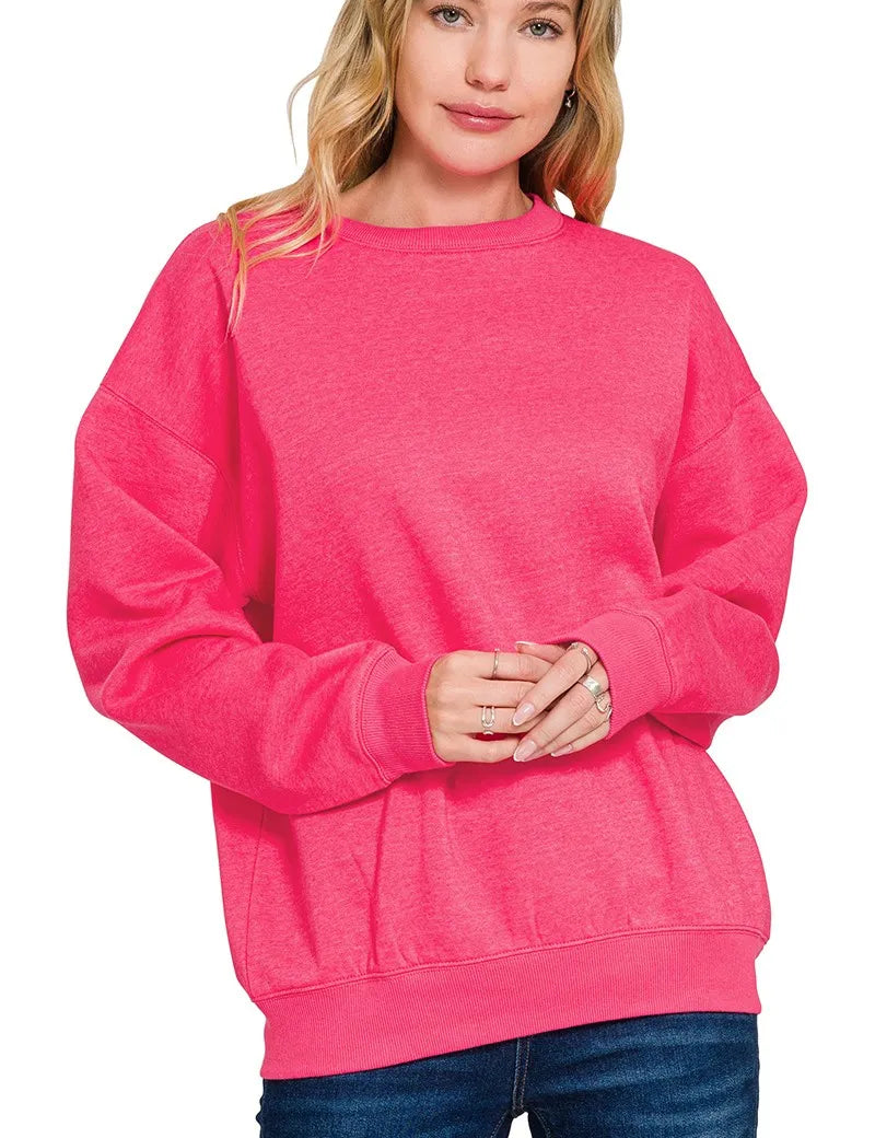 FUCHSIA Zenana Fleece Crewneck Long Sleeve Sweatshirt | Sweatshirts Daverri Fashions