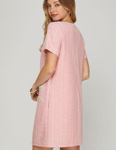 She + Sky Pink Short Sleeve Pearl Studded Trim Knit Tweed Dress | Mini Dresses Daverri Fashions