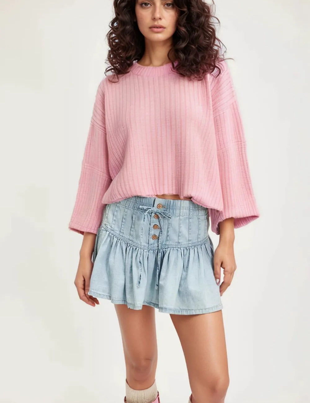 Buttoned Ruffled Mini Denim Skirt | Skirts Daverri Fashions