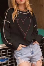 Black Valentine’s Day Rhinestone Heart Round Neck Long Sleeve Sweatshirt | Sweatshirts Daverri Fashions