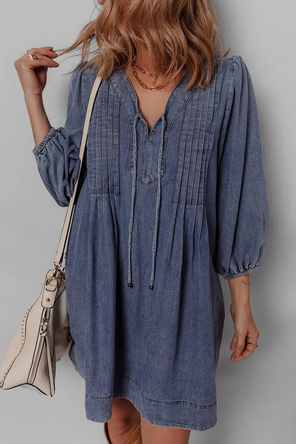 Tie Neck Long Sleeve Mini Denim Dress | Mini Dresses Daverri Fashions