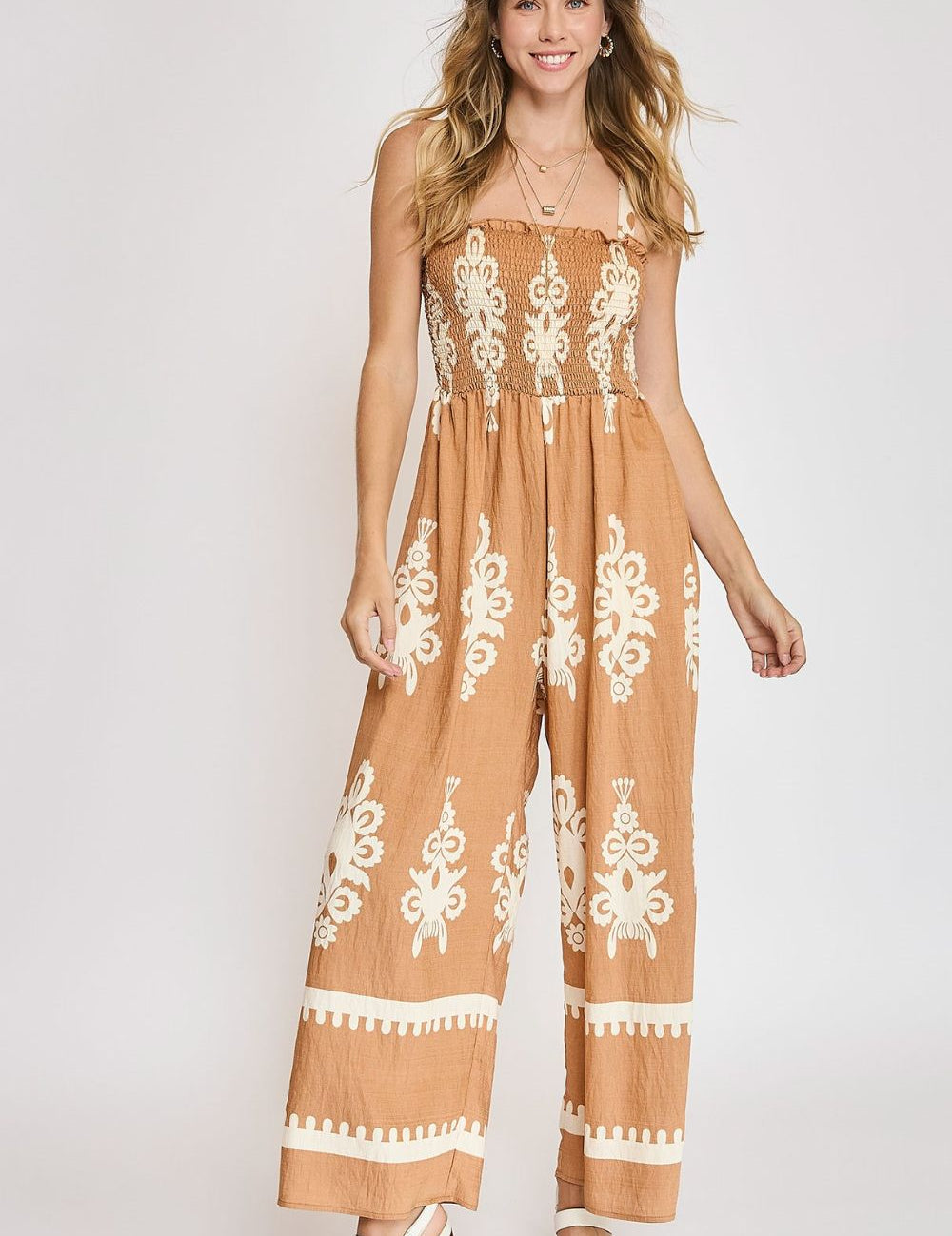 MOCHA Umgee Full Size Smocked Printed Wide Leg Jumpsuit Plus Size | Jumpsuits Daverri Fashions