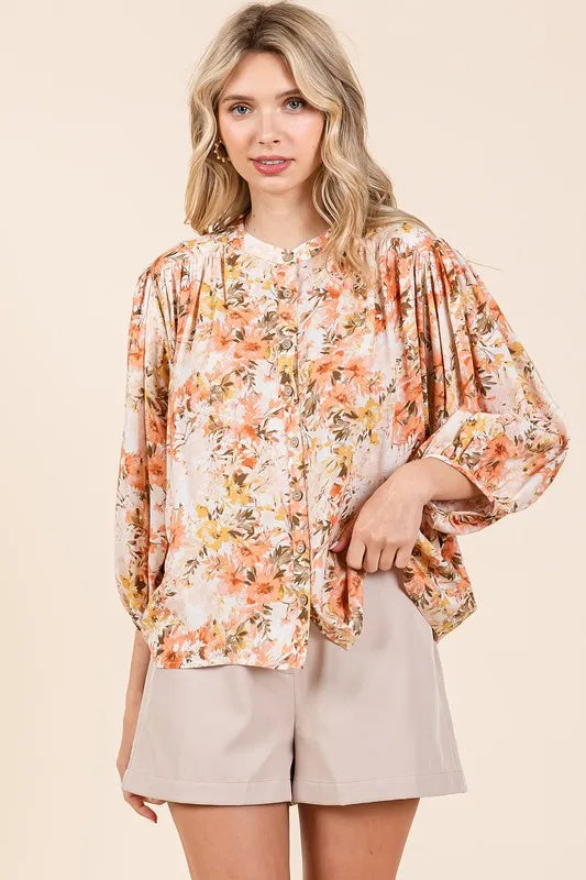 Mittoshop Flower Print Batwing Sleeve Button Down Blouse | Blouses Daverri Fashions