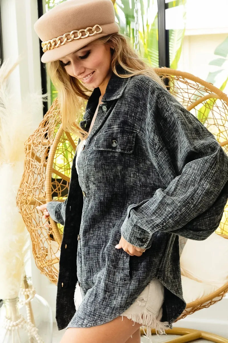BiBi Vintage Washed Wrinkle Gauze Shacket | Daverri Fashions
