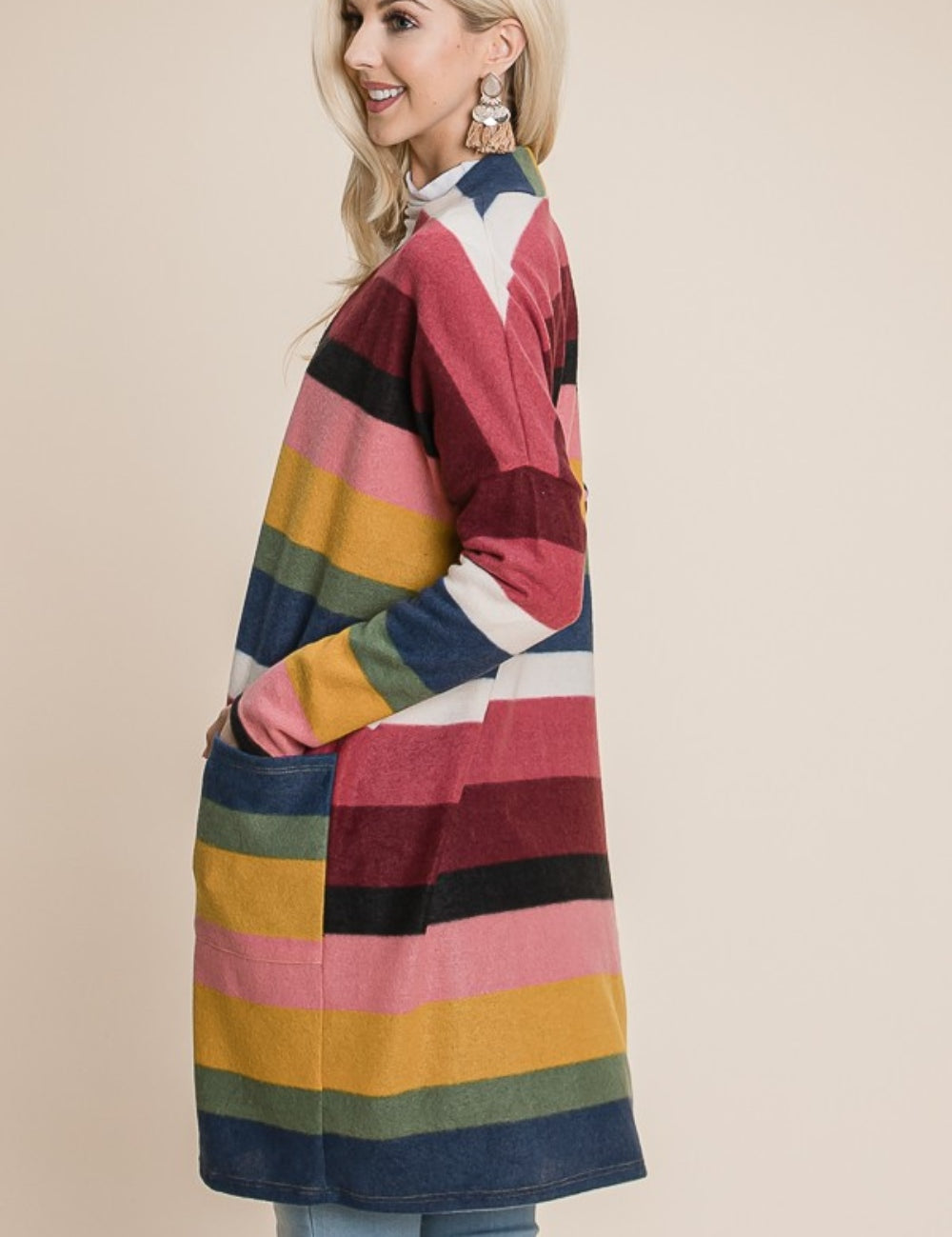 BOMBOM Color Block Striped Open Front Cardigan | Daverri Fashions