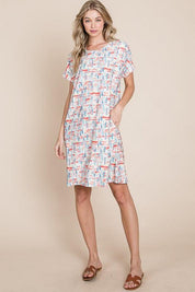 BOMBOM Printed Round Neck Short Sleeve Tee Dress | Daverri Fashions