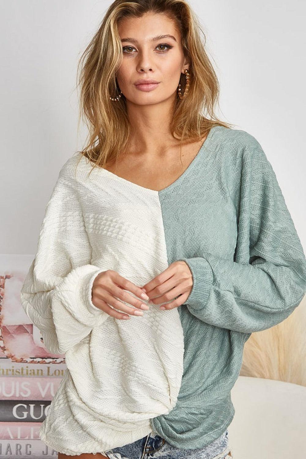 BiBi Twist Front Contrast Cable Knit Top | Tops Daverri Fashions