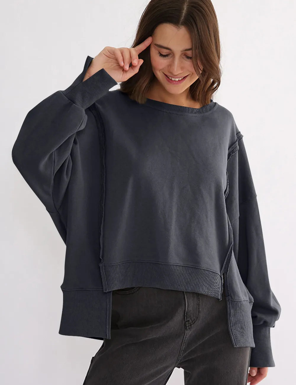 Dark Gray One Size Exposed Seam High-Low Long Sleeve Sweatshirt | Daverri Fashions