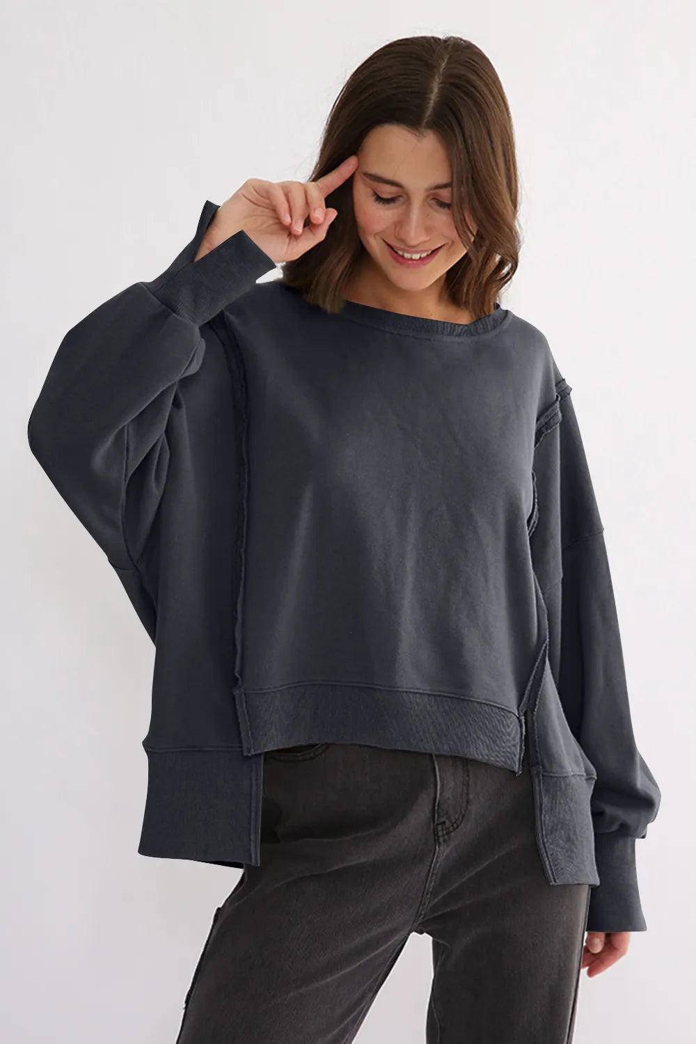 Dark Gray One Size Exposed Seam High-Low Long Sleeve Sweatshirt | Daverri Fashions