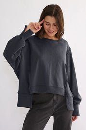 Dark Gray One Size Exposed Seam High-Low Long Sleeve Sweatshirt | Daverri Fashions