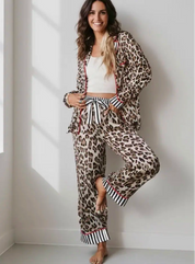 Leopard and Striped Trim Shirt and Pants Set | Loungewear Sets Daverri Fashions
