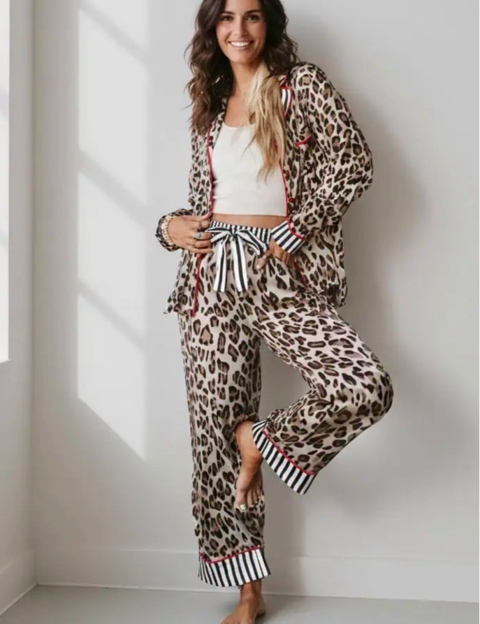 Leopard and Striped Trim Shirt and Pants Set | Loungewear Sets Daverri Fashions